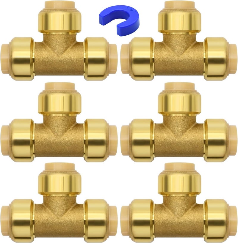 Ruby Q 6 Pack Push-to-Connect Plumbing Fittings, 1/2" Pushfit Tee Fittings with Disconnect Clip for Copper, PEX, CPVC Pipe - Image 1